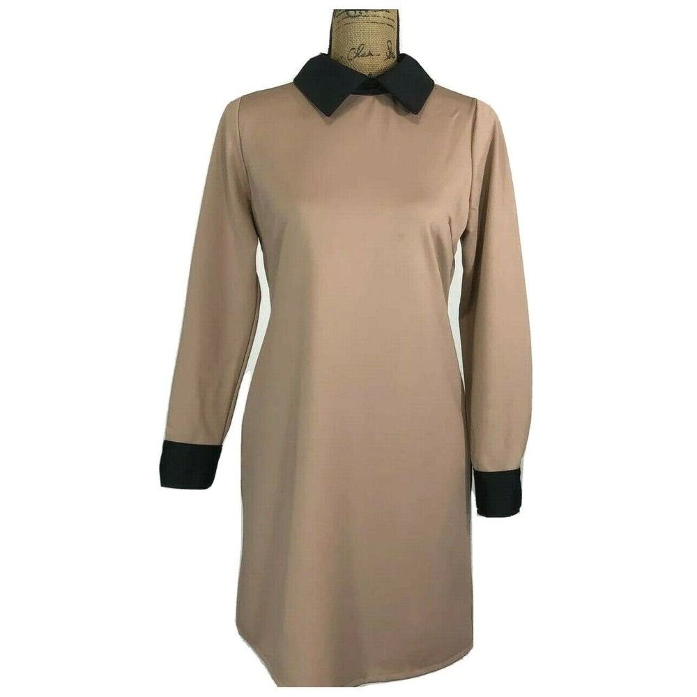 Kling Dress‎ SMALL Peachy Tan Black Peter Pan Collar Long Sl Modern Shift Lined